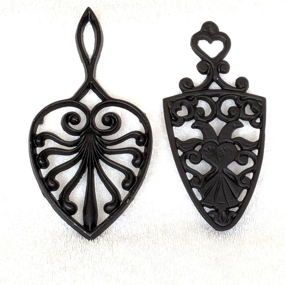 Vintage Cast Iron Trivet Set of 2 Wilton 260 Distlefink Heart and Gothic Fan